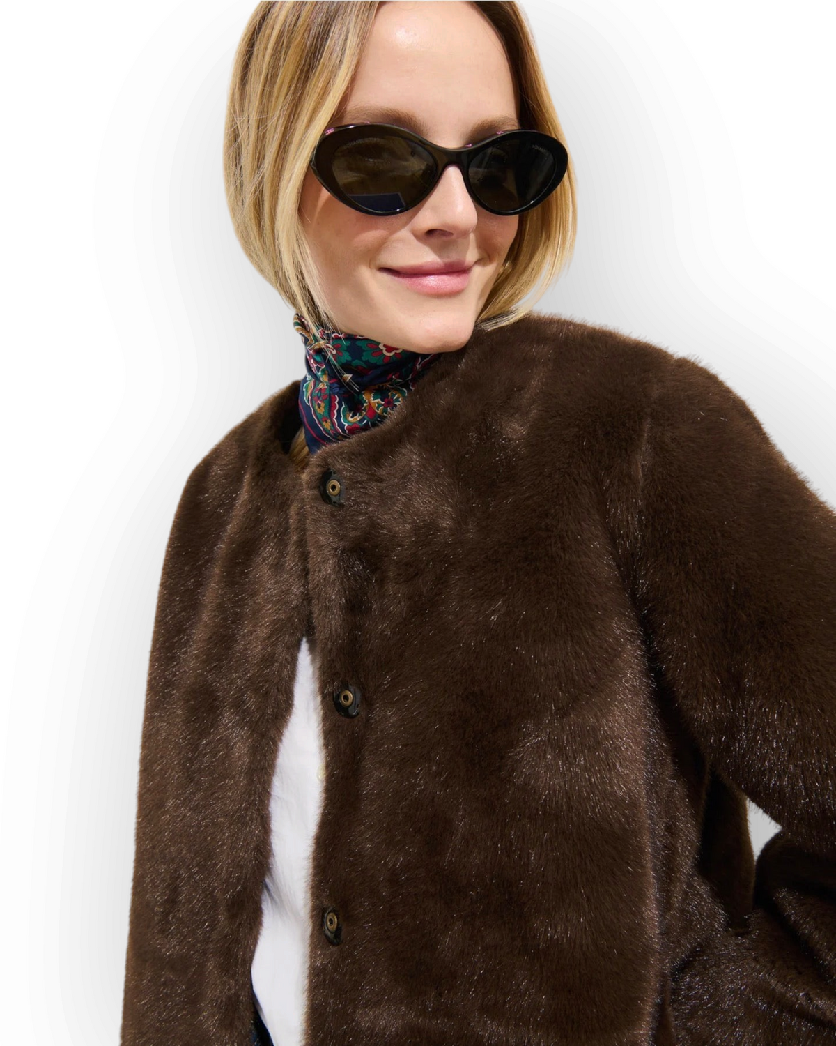 Birdie by Nina Liddle Design brown faux fur Duane St jacket with hidden snap buttons and velvet trim