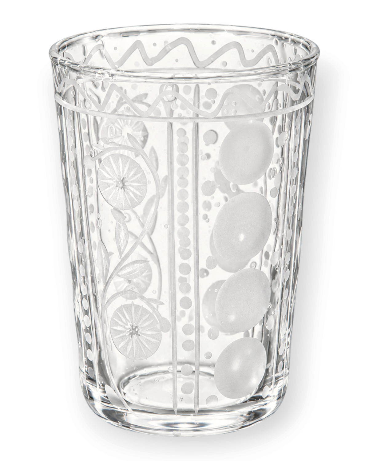 Birdie by Nina Liddle Design hand-blown juice glass with intricate etched floral and geometric patterns