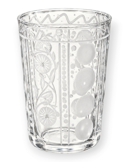 Birdie by Nina Liddle Design hand-blown juice glass with intricate etched floral and geometric patterns