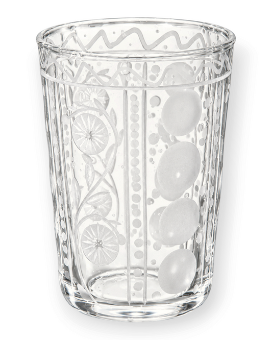 Birdie by Nina Liddle Design hand-blown juice glass with intricate etched floral and geometric patterns
