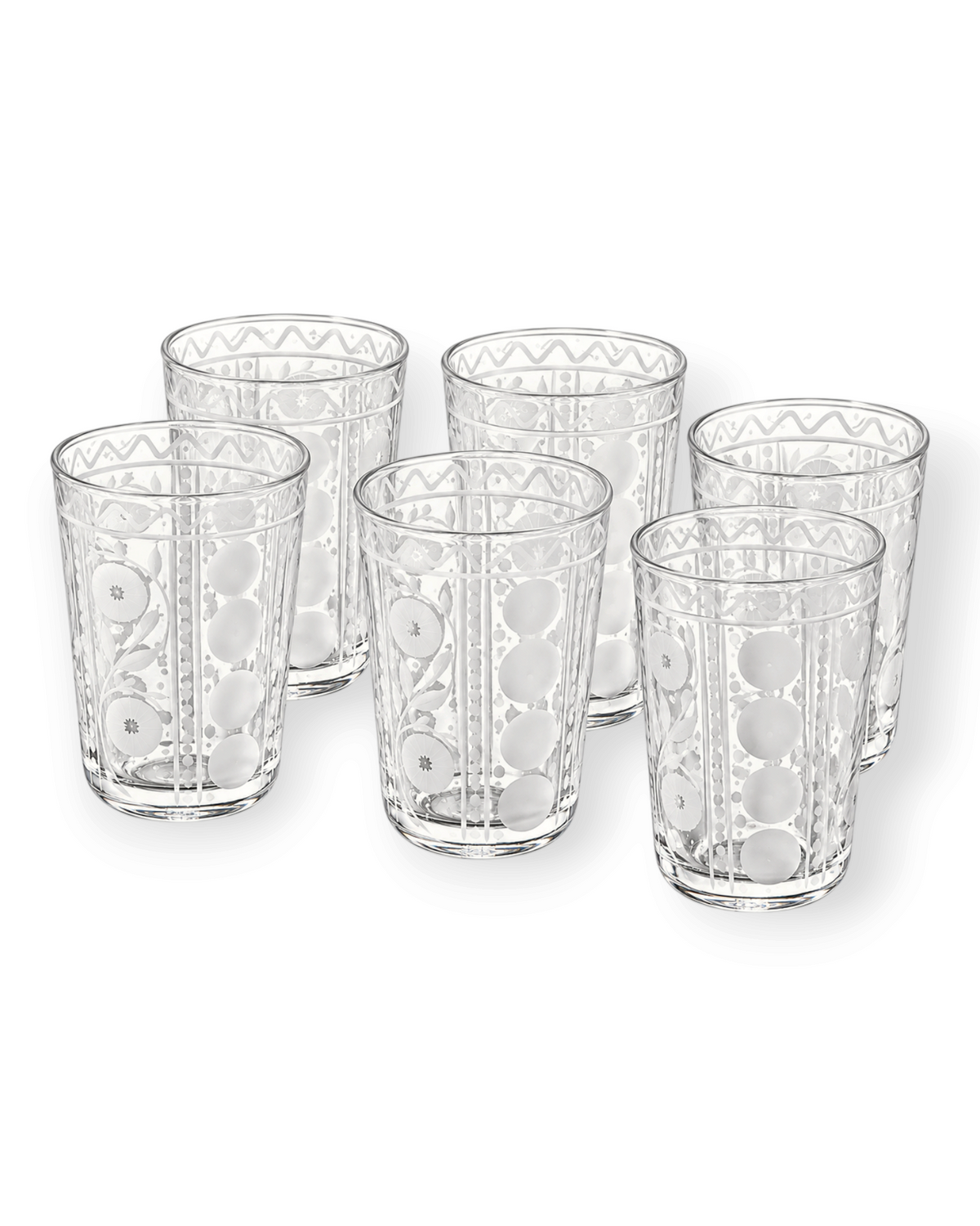 Birdie by Nina Liddle Design set of six hand-blown clear glass juice tumblers with intricate white etched patterns.