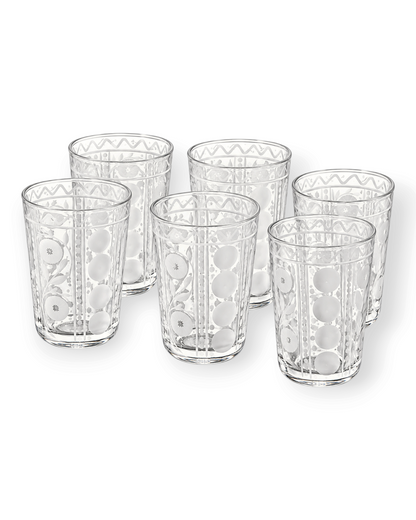 Birdie by Nina Liddle Design set of six hand-blown clear glass juice tumblers with intricate white etched patterns.