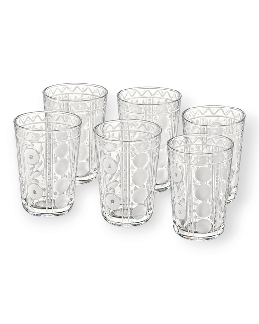 Birdie by Nina Liddle Design set of six hand-blown clear glass juice tumblers with intricate white etched patterns.