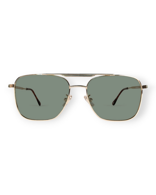 Birdie by Nina Liddle Design Largo sunglasses featuring gold metal frames and green lenses in a classic aviator style.