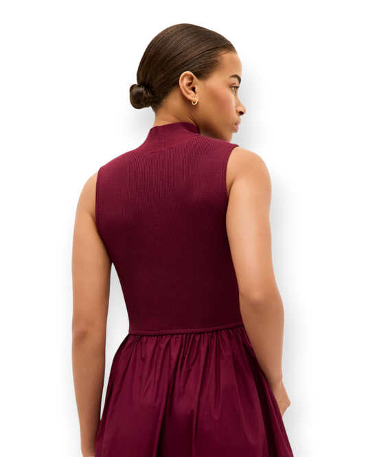 Back view of Birdie by Nina Liddle Design Yana maxi dress in Potion red-purple with mock turtleneck and bodice