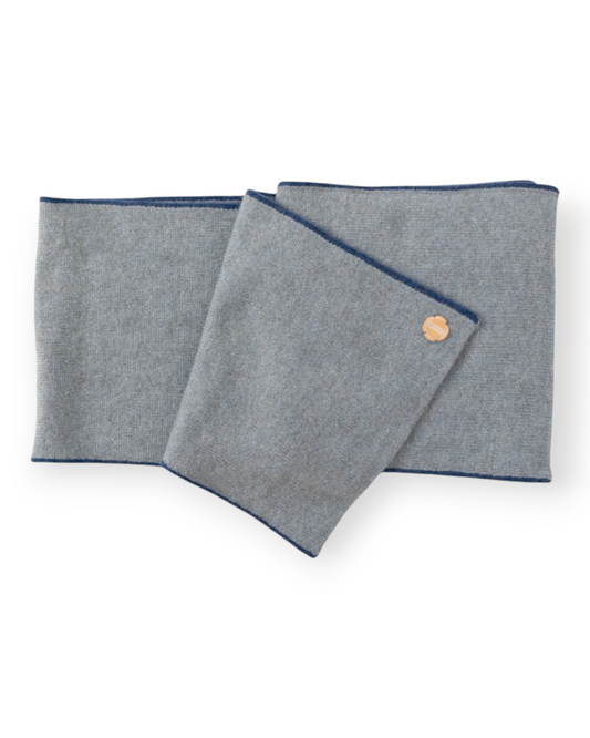 Birdie by Nina Liddle Design unisex Mongolian cashmere scarf in Oceania blue with a classic blue border.