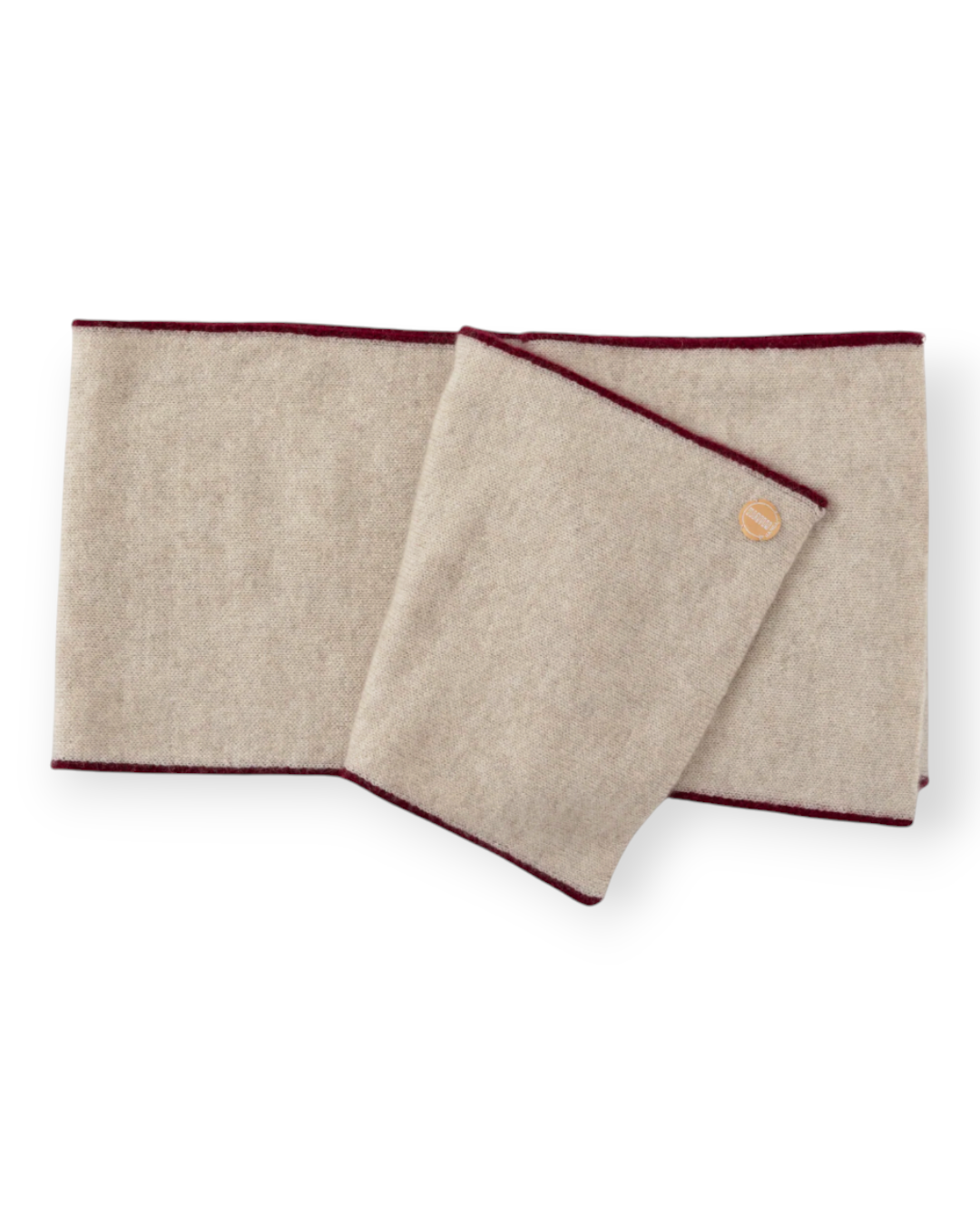 Birdie by Nina Liddle Design latte cashmere scarf with a burgundy border and a small wooden logo tag