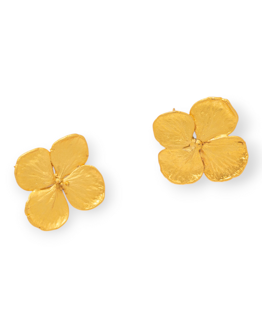 Birdie by Nina Liddle Design gold-plated hydrangea flower mini stud earrings with natural dried petal textures.
