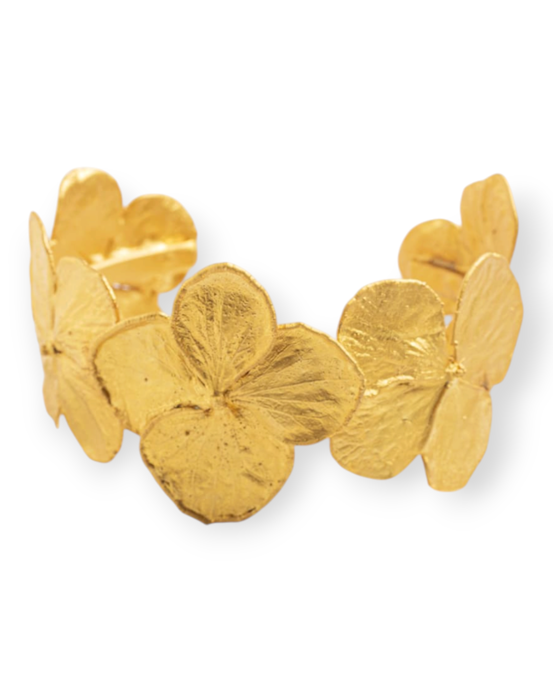 Birdie by Nina Liddle Design gold plated cuff bracelet featuring handcrafted dried mini hydrangea flower petals.