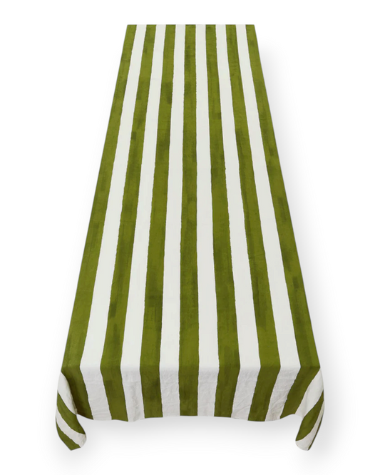 Birdie by Nina Liddle Design 100% linen tablecloth featuring a green and white vertical striped pattern.