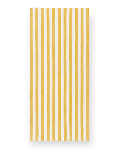 Birdie by Nina Liddle Design 100% linen tablecloth featuring a yellow and white vertical striped pattern.