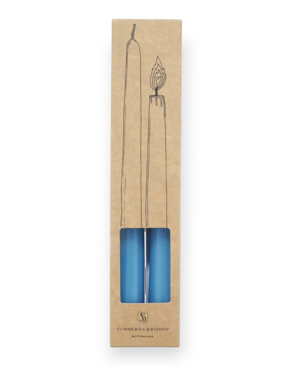Birdie by Nina Liddle Design set of two blue tapered candles in a kraft paper box with illustrated candle design