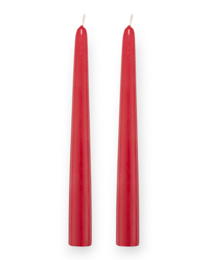 Birdie by Nina Liddle Design set of two red tapered church candles with a glossy lacquered finish and cotton wicks.