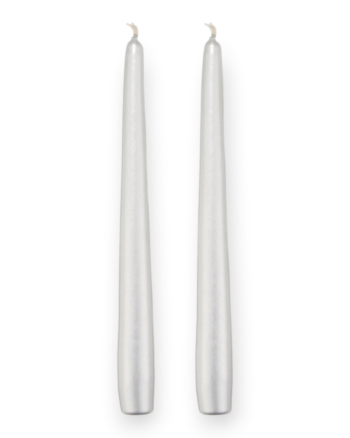 Birdie by Nina Liddle Design set of two silver tapered candles with a gloss lacquered finish and cotton wicks.