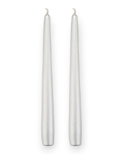 Birdie by Nina Liddle Design set of two silver tapered candles with a gloss lacquered finish and cotton wicks.