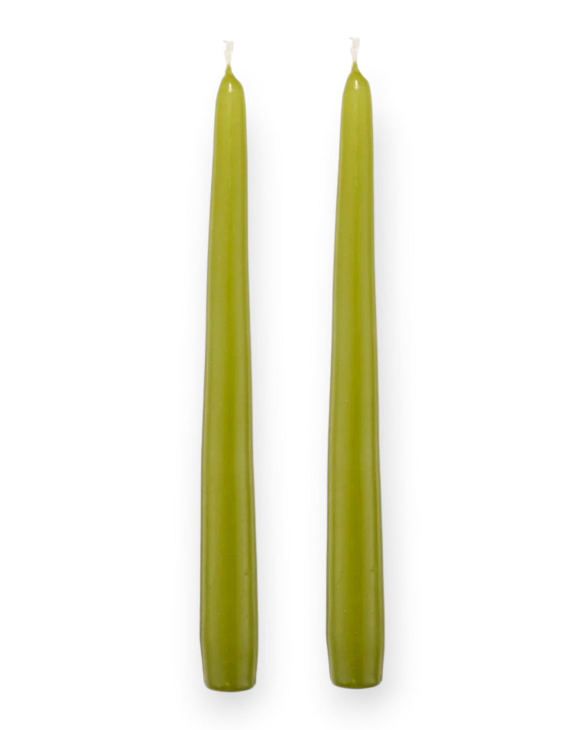 Birdie by Nina Liddle Design set of two olive green handmade tapered wax candles with a glossy lacquered finish.