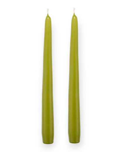 Birdie by Nina Liddle Design set of two olive green handmade tapered wax candles with a glossy lacquered finish.