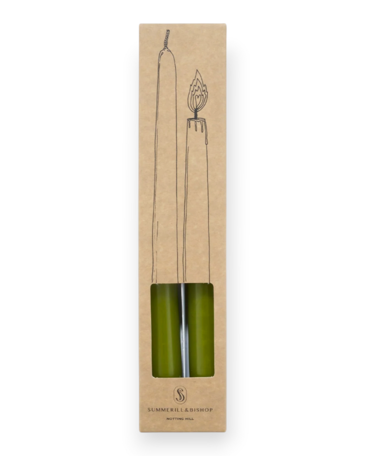 Birdie by Nina Liddle Design set of two green tapered candles in a kraft paper box with illustrated candle design