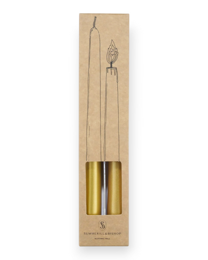 Birdie by Nina Liddle Design set of two gold tapered candles in a kraft paper box with illustrated candle design