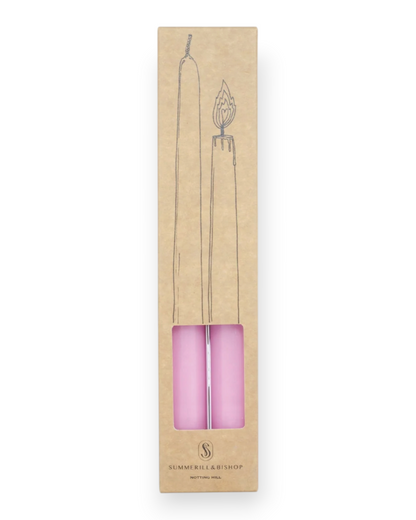 Birdie by Nina Liddle Design set of two pink tapered candles in a kraft paper box with illustrated candle design