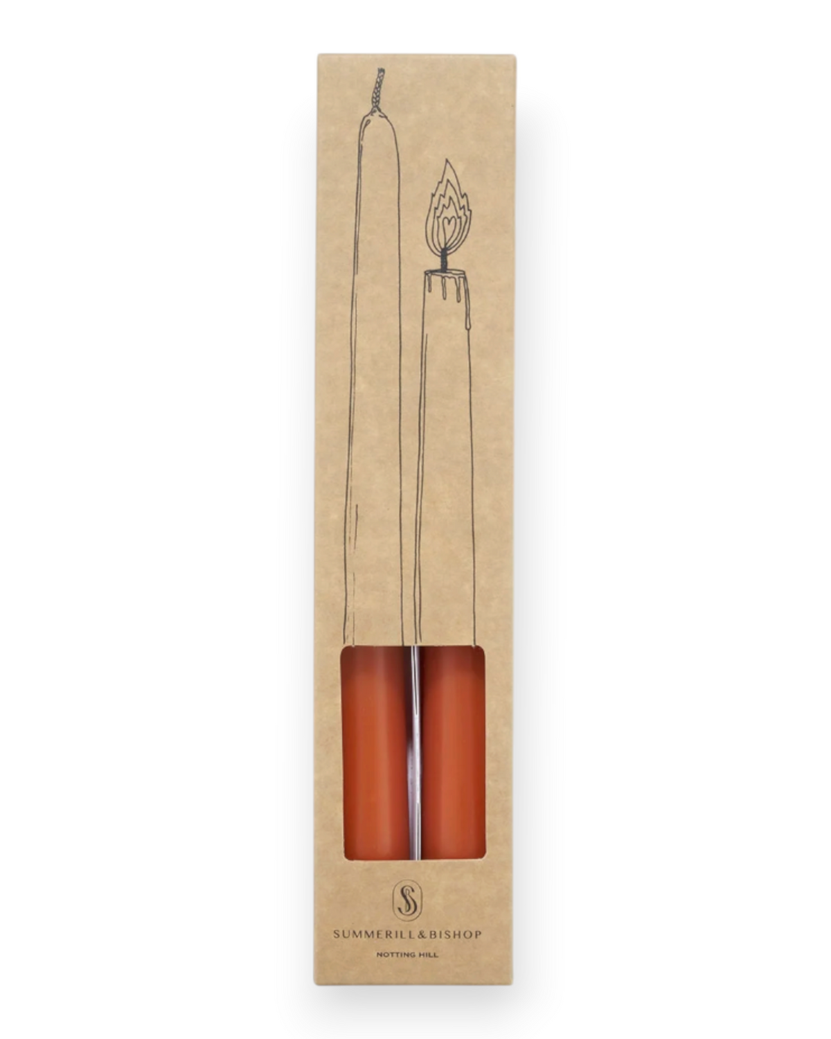 Birdie by Nina Liddle Design set of two orange tapered candles in a brown kraft paper box with illustrated design
