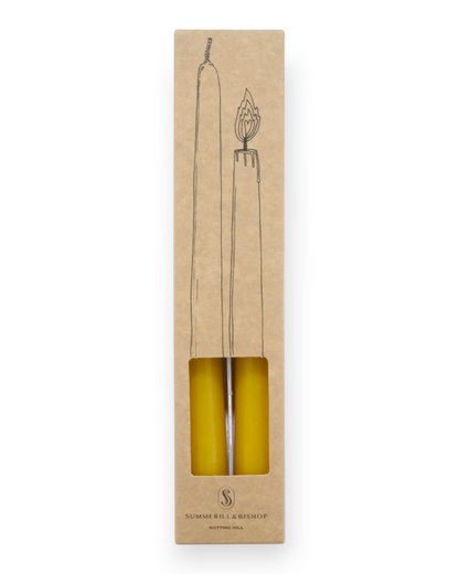 Birdie by Nina Liddle Design set of two yellow tapered church candles in a kraft paper box with illustrated design.