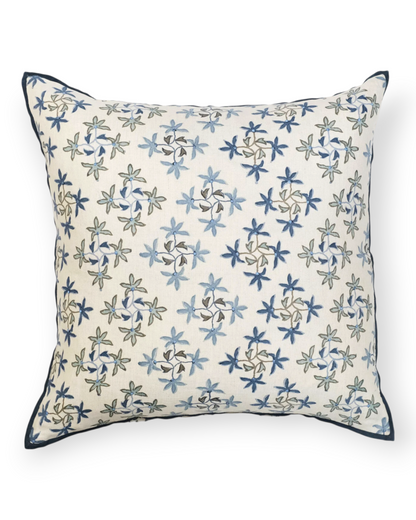 Birdie by Nina Liddle Design Celeste 22-inch square linen pillow with blue floral embroidery and piped edges.
