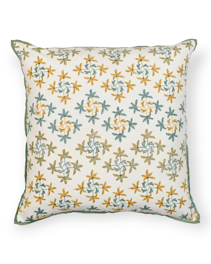 Birdie by Nina Liddle Design Celeste 22-inch square linen pillow with a blue and yellow floral embroidery motif.