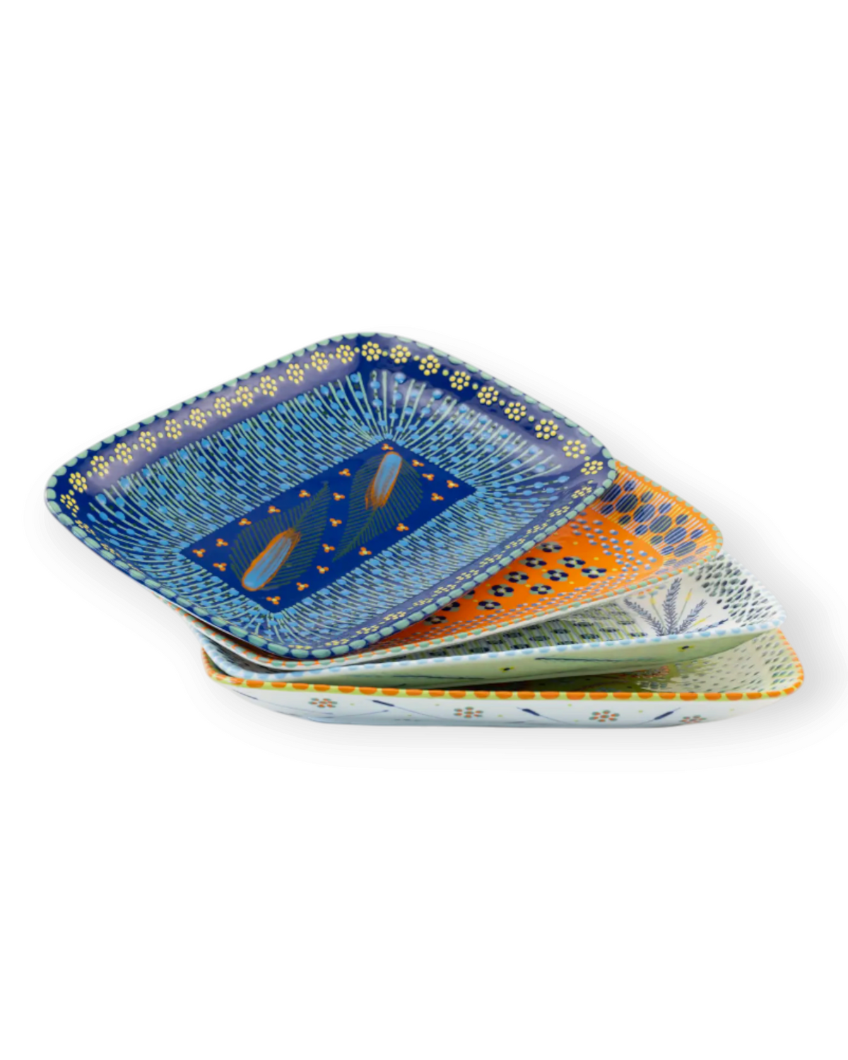 Birdie by Nina Liddle Design handmade ceramic breakfast platters in assorted hand-painted patterns and vibrant colors.