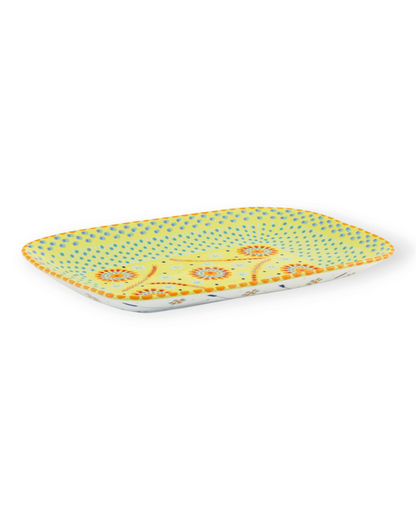 Birdie by Nina Liddle Design handmade ceramic breakfast platter with hand-painted yellow and lime floral patterns.
