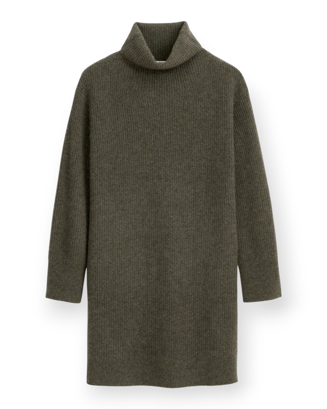 Birdie by Nina Liddle Design Simone sweater dress in olive green ribbed cashmere with a cozy turtleneck collar.