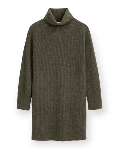 Birdie by Nina Liddle Design Simone sweater dress in olive green ribbed cashmere with a cozy turtleneck collar.