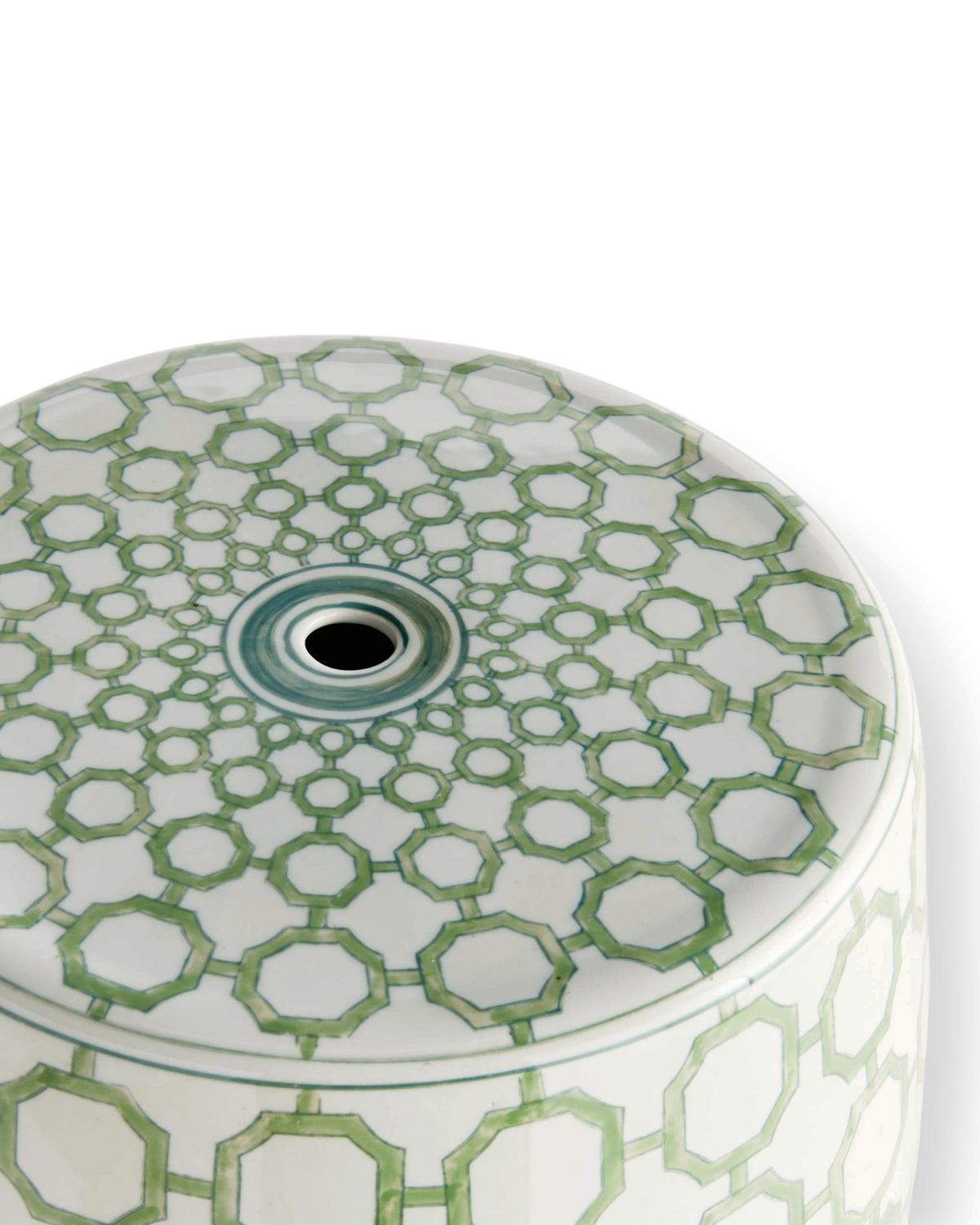 Birdie by Nina Liddle Design Imperial Link Stool in hand-painted green and white ceramic with geometric pattern