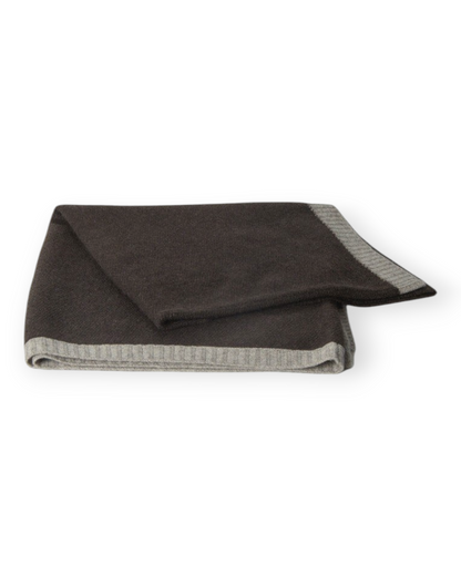 Birdie by Nina Liddle Design rice knit yak poncho in dark brown with a contrasting grey cashmere border.