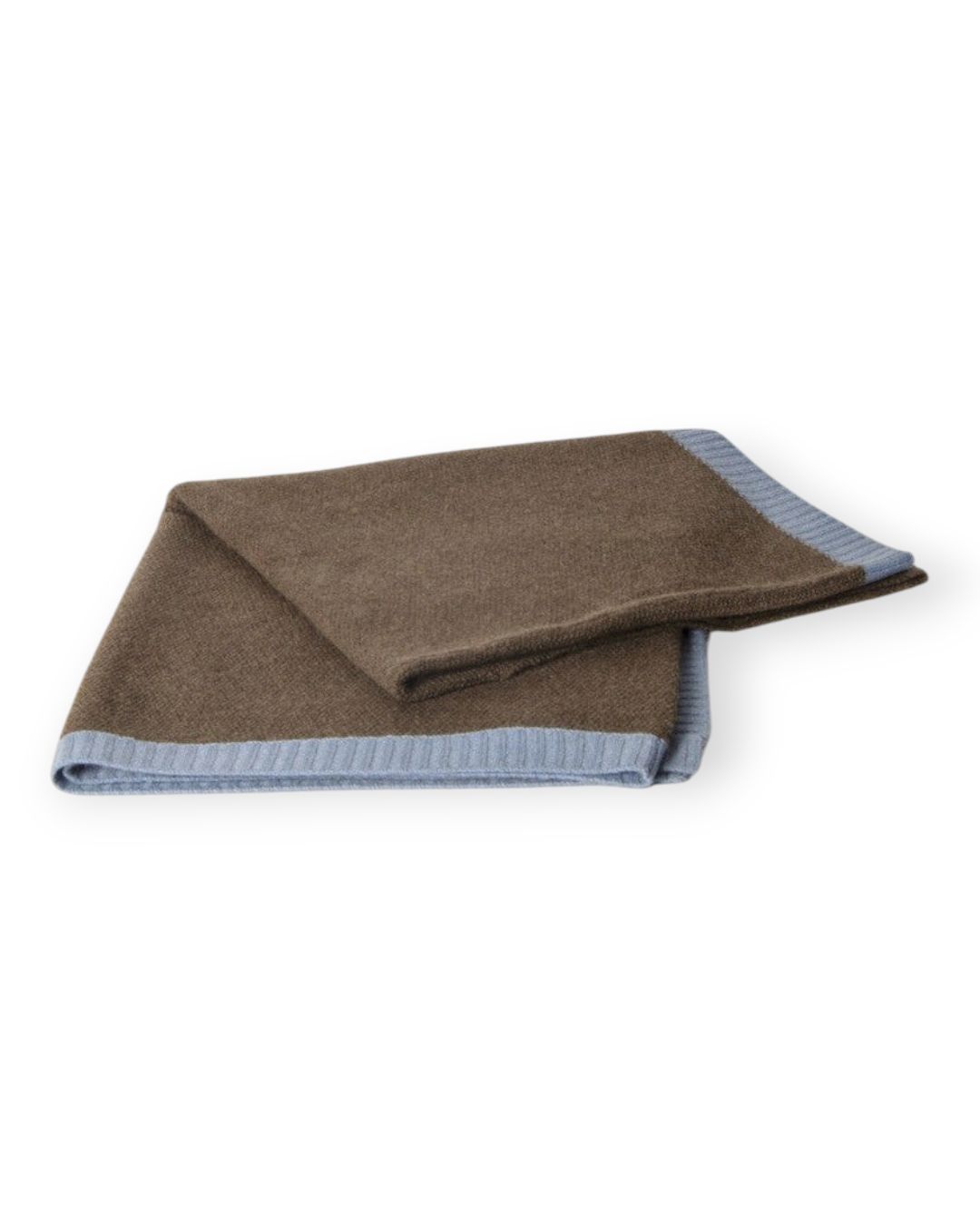 Birdie by Nina Liddle Design brown yak down rice knit poncho with a soft blue cashmere border and boat neck.