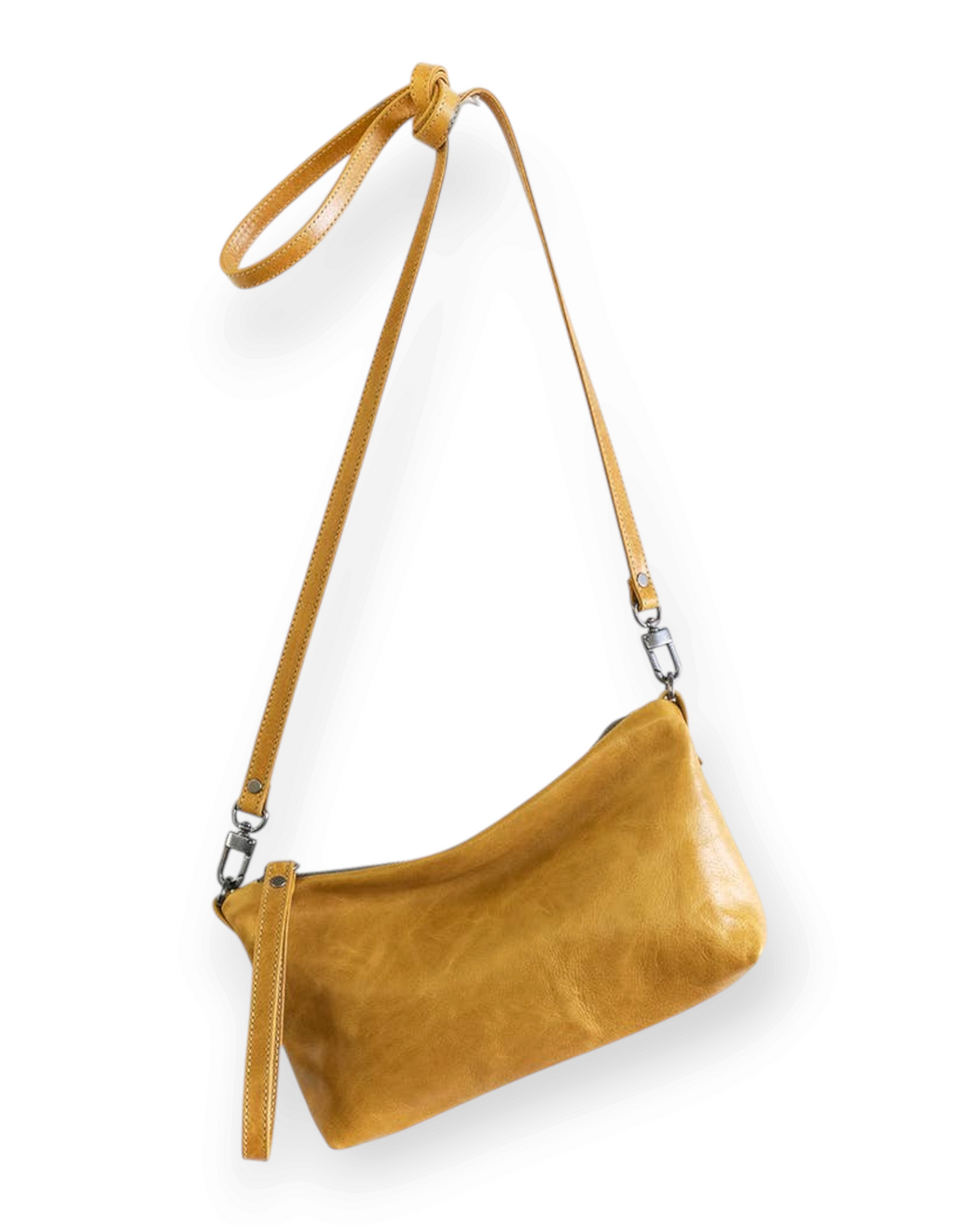Birdie by Nina Liddle Design mustard yellow leather crossbody bag with antique silver hardware and removable strap