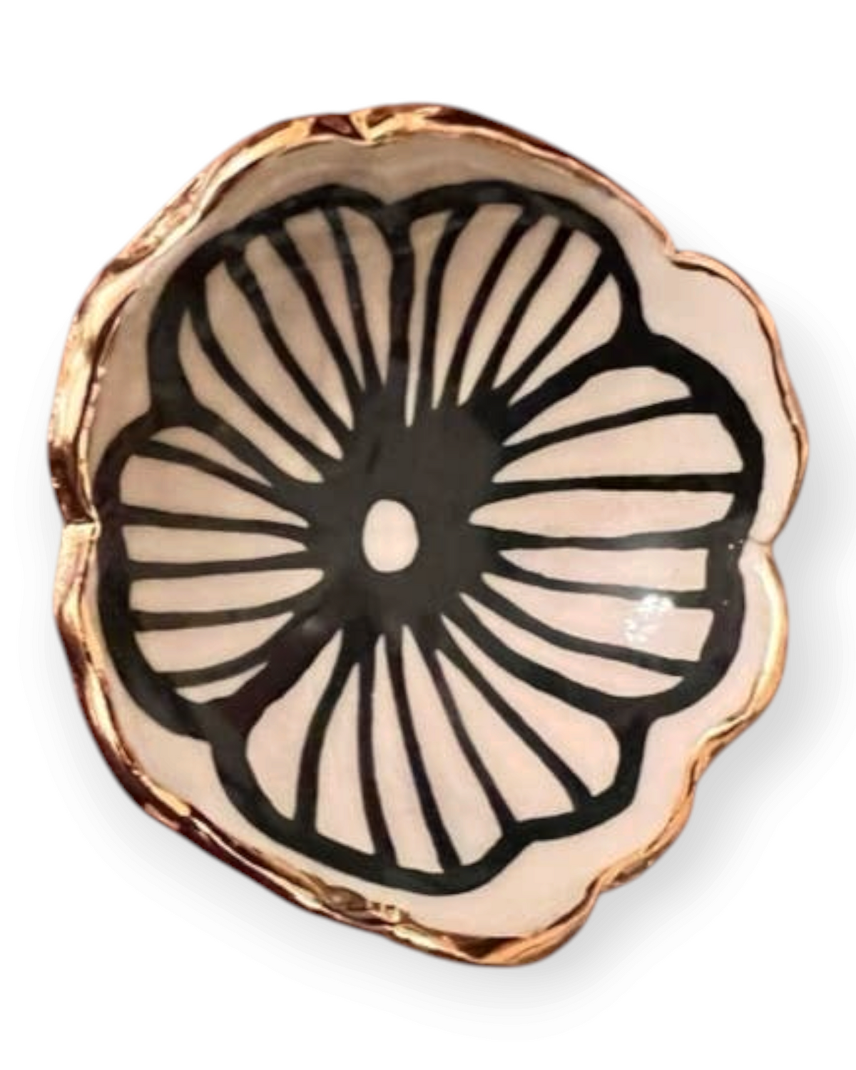Birdie by Nina Liddle Design handmade stoneware flower jewelry dish with black floral pattern and 22kt gold rim.