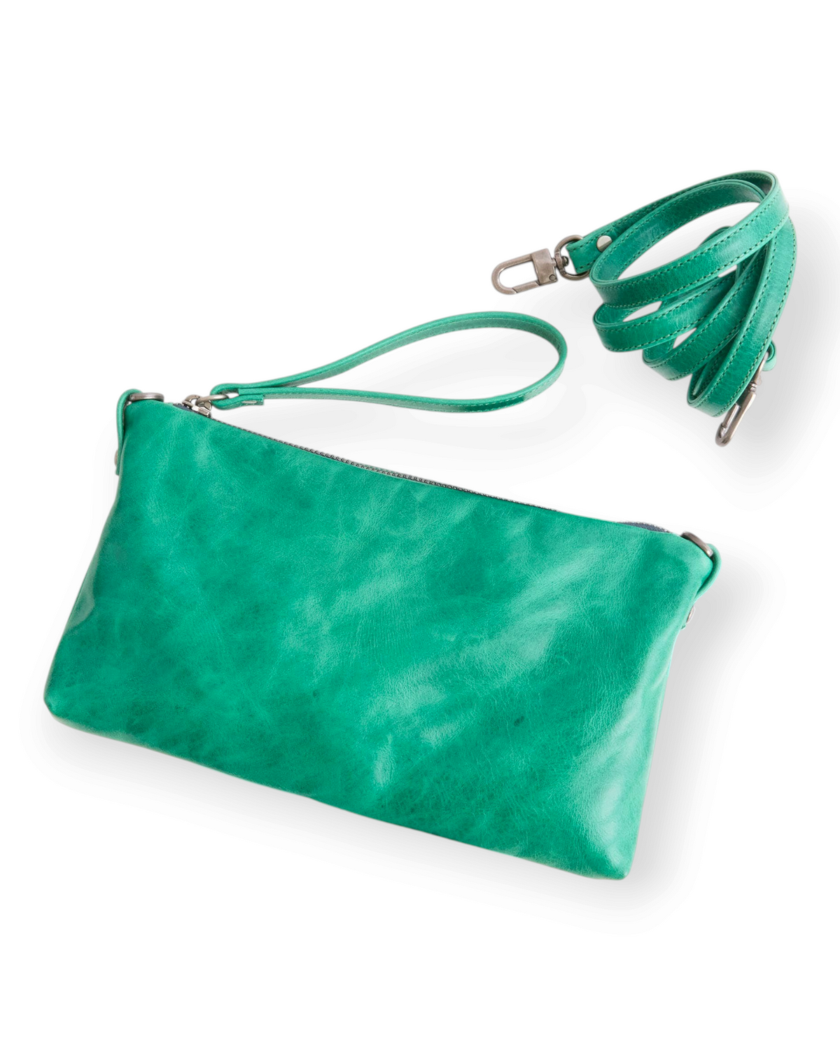 Birdie by Nina Liddle Design green leather Pinched Bottom Traveler small crossbody bag with removable strap