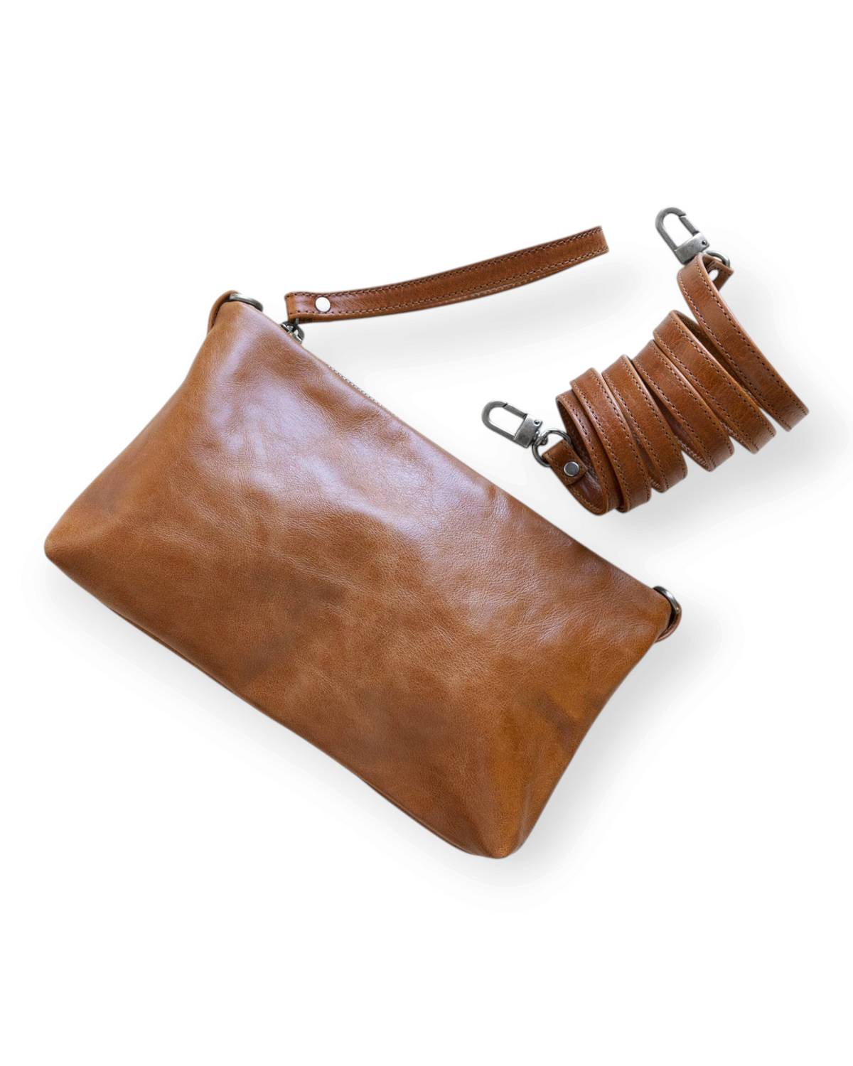 Birdie by Nina Liddle Design brown leather Pinched Bottom Traveler bag with removable crossbody strap and silver hardware