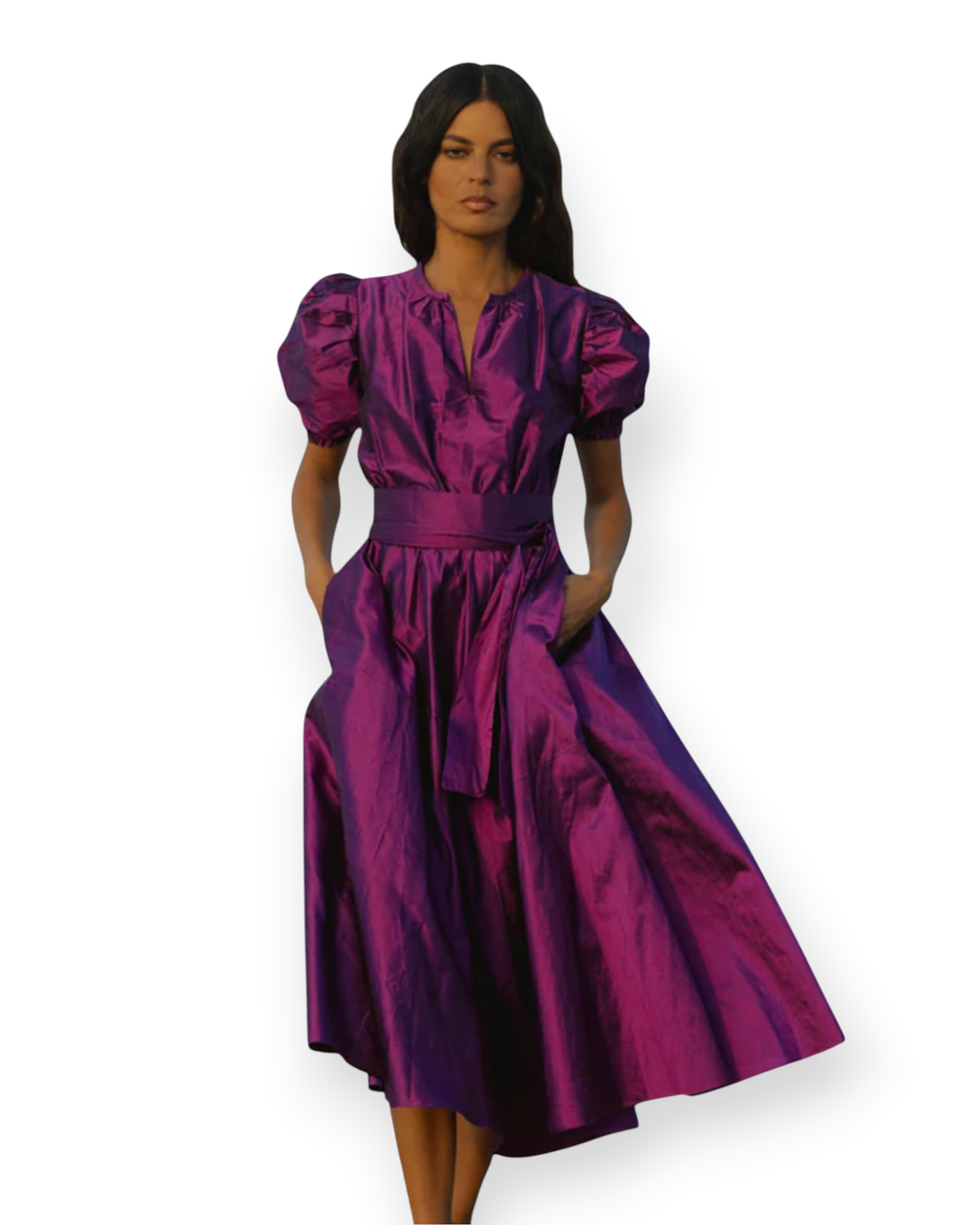 Birdie by Nina Liddle Design Brooke midi dress in purple silk taffeta with pleated cap sleeves and matching sash belt.