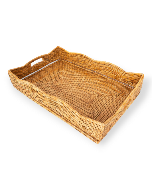 Birdie by Nina Liddle Design rectangular handwoven rattan serving tray with decorative scalloped edges