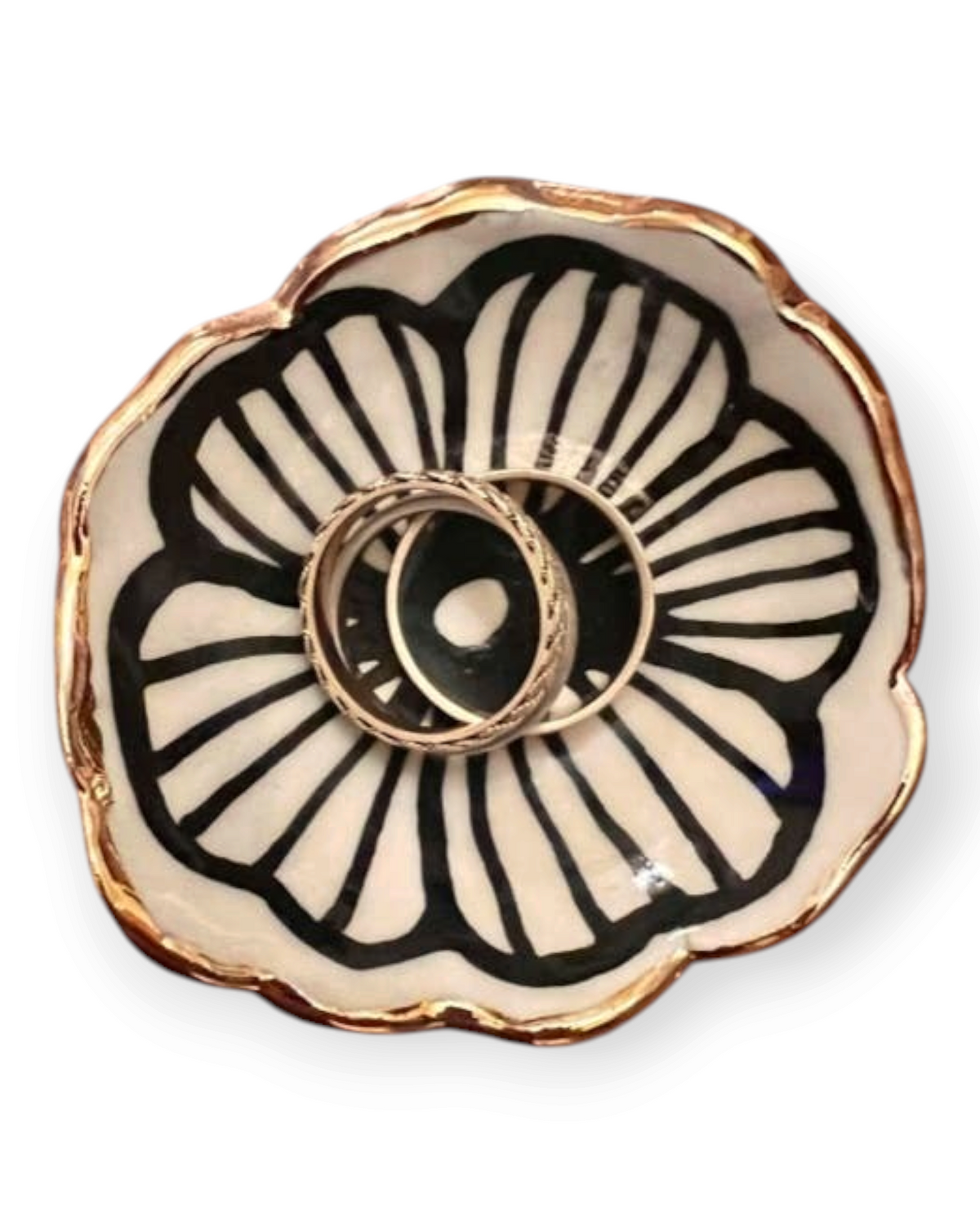 Birdie by Nina Liddle Design handmade ceramic flower jewelry dish with black floral pattern and 22kt gold rim