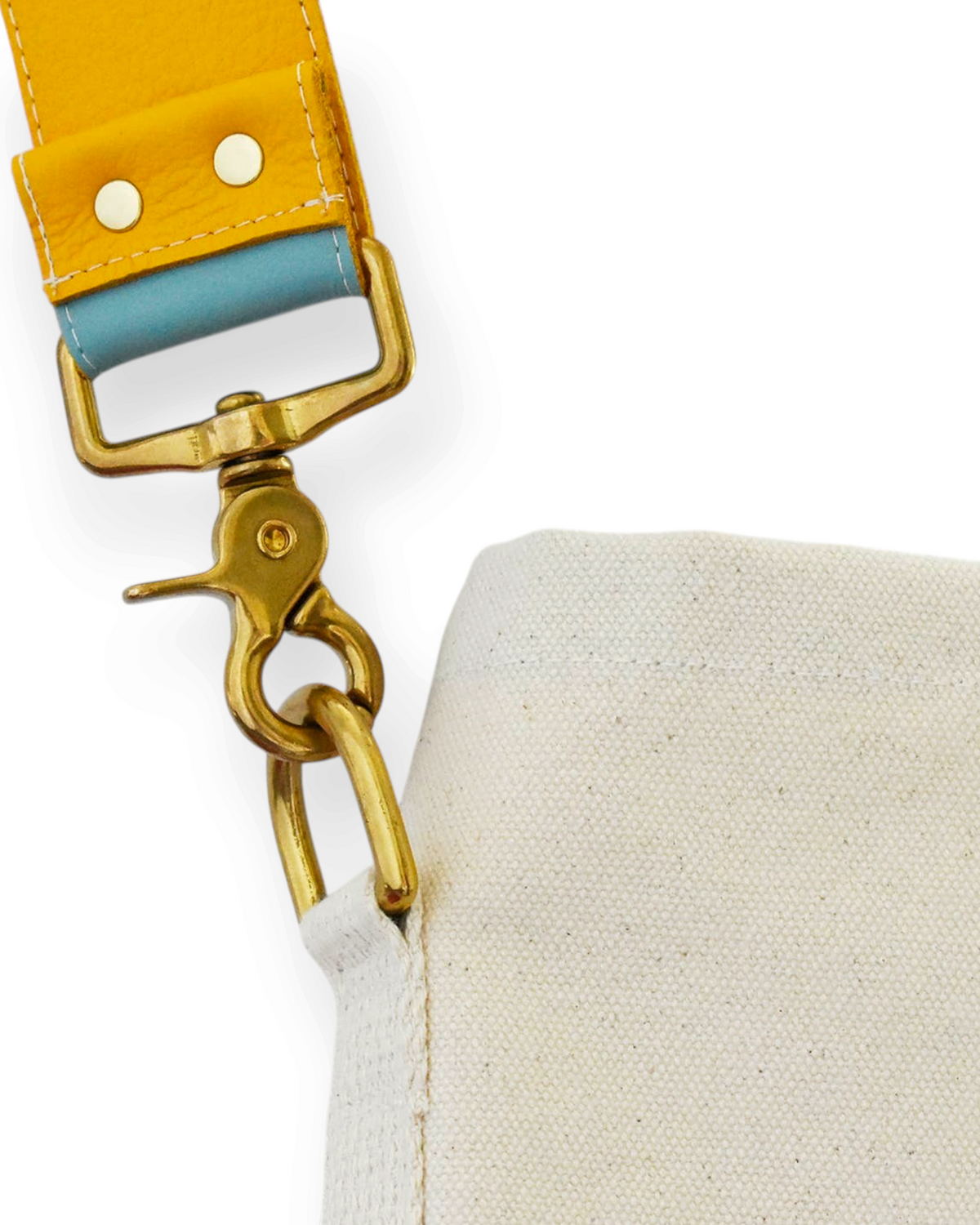 Birdie by Nina Liddle Design canvas tote bag with a detachable yellow and blue leather strap and brass hardware