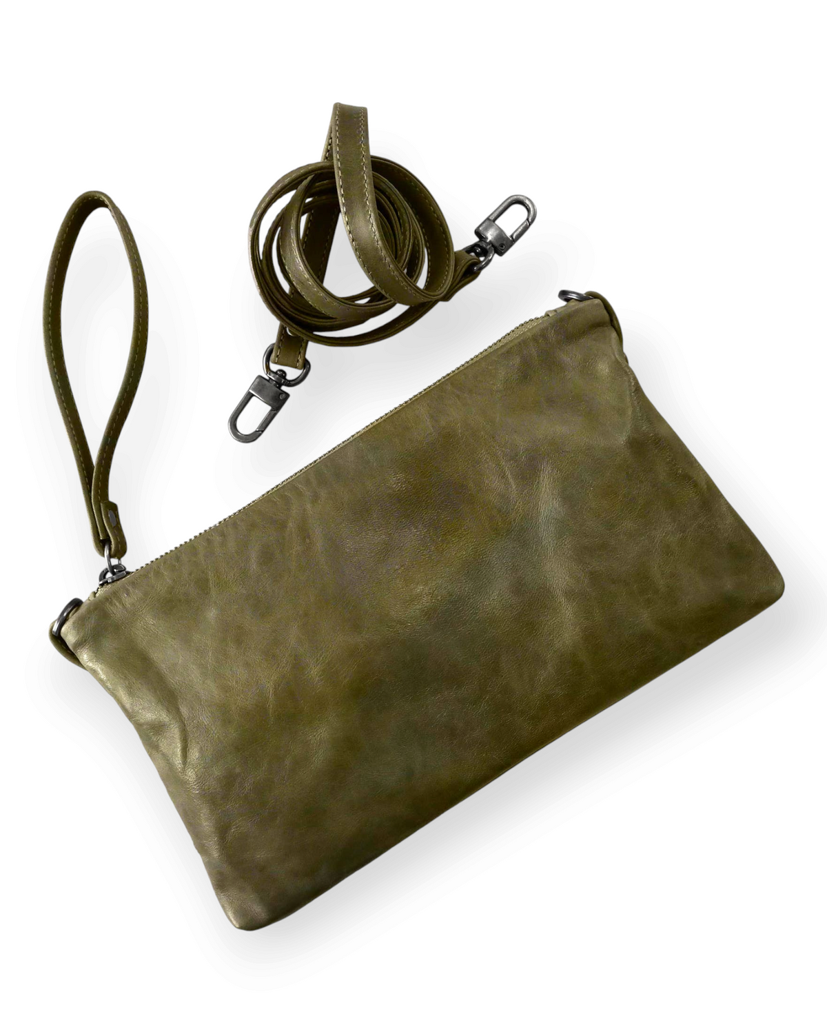 Birdie by Nina Liddle Design olive green leather pinched bottom traveler bag with removable crossbody strap