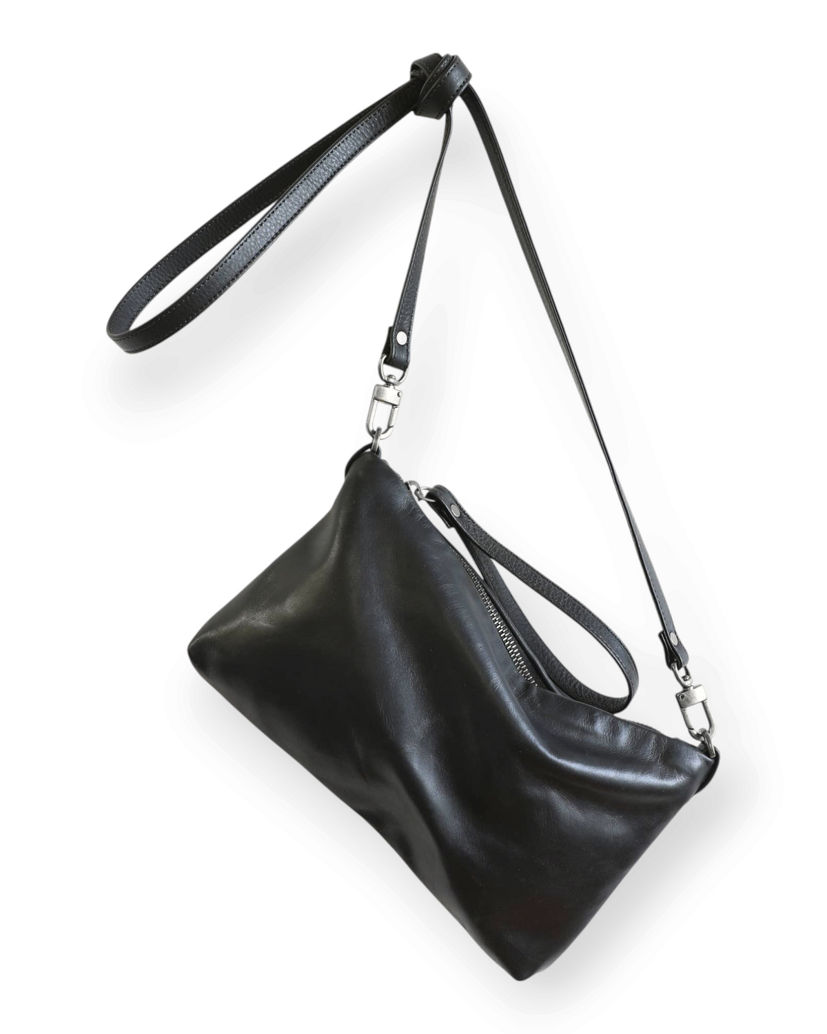 Birdie by Nina Liddle Design black leather Pinched Bottom Traveler crossbody bag with antique silver hardware