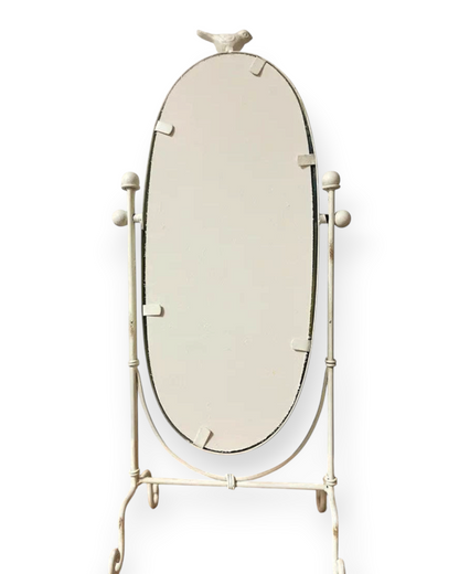 Birdie by Nina Liddle Design vintage oval table top swing mirror in a distressed white finish with a bird accent.
