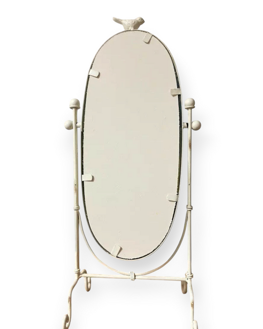 Birdie by Nina Liddle Design vintage oval table top swing mirror in a distressed white finish with a bird accent.
